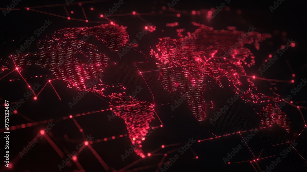 Poster sleek world map on a dark background with red mesh lines and dots, indicating global cybersecurity t