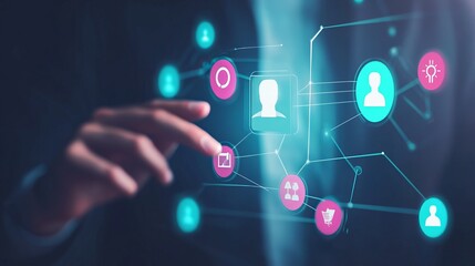 Fototapeta premium Onboarding concept. Person touch virtual onboarding icon for human resources business industry to introduce newly hired employee into an organization with behavior, welcome, knowledge, and skill