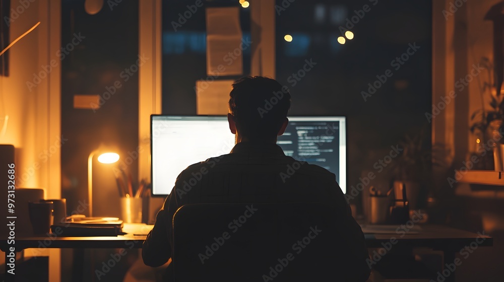 Poster a person working at a computer in a dark room