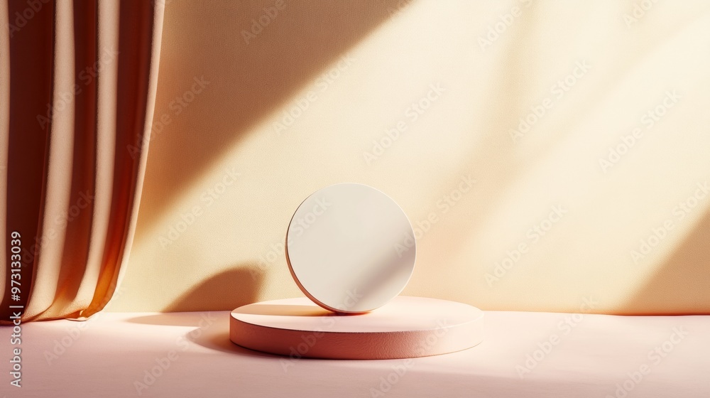 Poster minimalist pastel white circular podium on light brown background with soft shadows - modern clean b