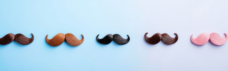 Fake different mustaches line on pastel blue background