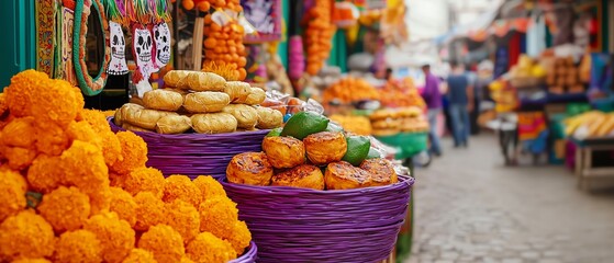 Vibrant market scene showcasing colorful fruits, flowers, and baked goods in a lively street setting.