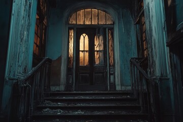 Abandoned Building Entrance With Old Wooden Door and Broken Windows
