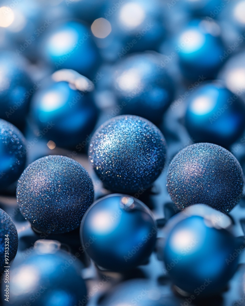 Poster aerial view of blue christmas ornaments creating symmetrical geometric pattern in bright frosty ligh