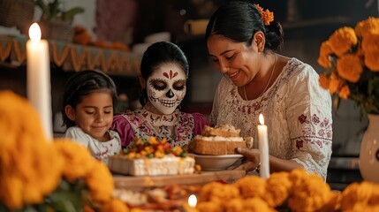 A festive celebration with family, showcasing traditional elements, vibrant flowers, and joyful expressions during a cultural event.