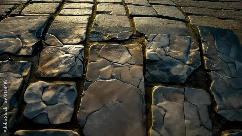 Poster exploring intricate textures of cobblestone paths under warm sunlight in the early evening
