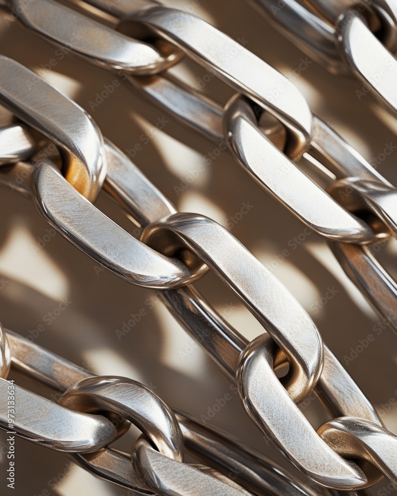 Poster Monochromatic Aerial View of Symmetrical Silver Chains with Geometric Patterns in Bright Diffused Light