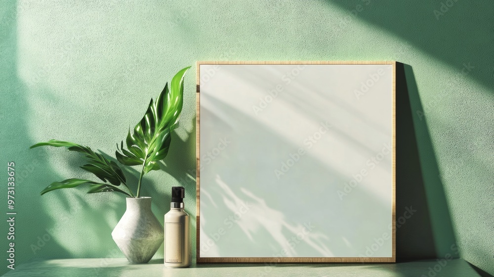 Poster empty frame mockup on pastel green wall with plant shadows - minimalist indoor setting with soft nat