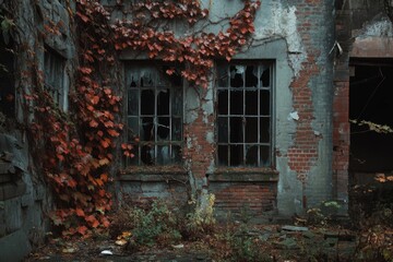 Abandoned Brick Building with Ivy and Broken Windows
