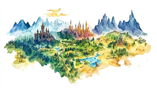 Colorful watercolor fantasy map with castles, mountains, forests, and plains, perfect for adventure and role-playing themes.