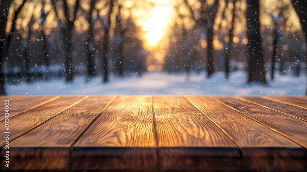 Poster A wooden table in a snowy landscape during sunset, creating a warm atmosphere.