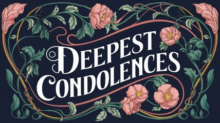 Elegant condolence card design with floral accents: Deepest Condolences