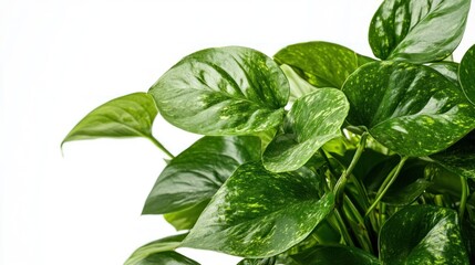 A close-up of vibrant green leaves from a houseplant against a white background.