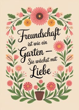 Floral Illustration with Quote: 'Freundschaft ist wie ein Garten &ndash; Sie w&auml;chst mit Liebe'