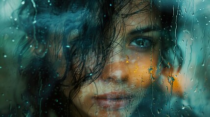 A woman's face seen through a rain-streaked window, her expression both mysterious and alluring.