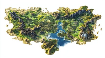 Detailed 3D rendered fictional island map surrounded by water, with lush greenery, mountains, valleys, and various terrains.