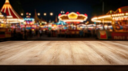 A wooden tabletop in front of a blurred carnival scene at night.
