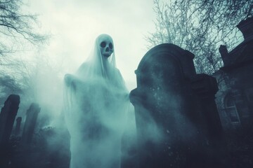 Fototapeta premium A Ghostly Figure Stands Among Gravestones in a Foggy Cemetery
