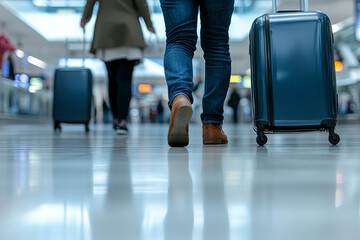 Fototapeta premium Colleagues discussing while walking with suitcases in an airport 
