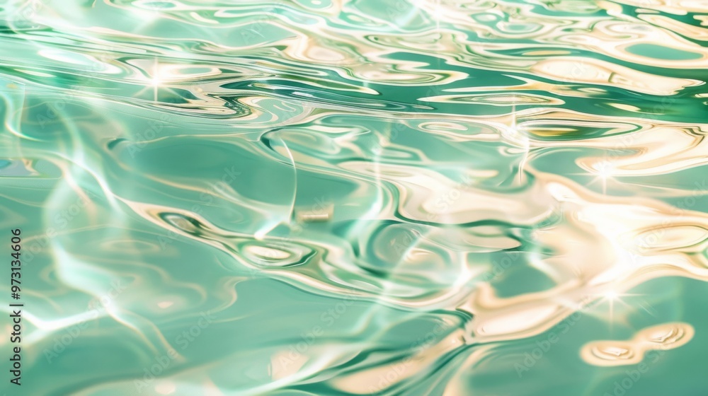 Poster gentle mint waves reflecting sunlight in an abstract summer view close-up photo with clean backgroun
