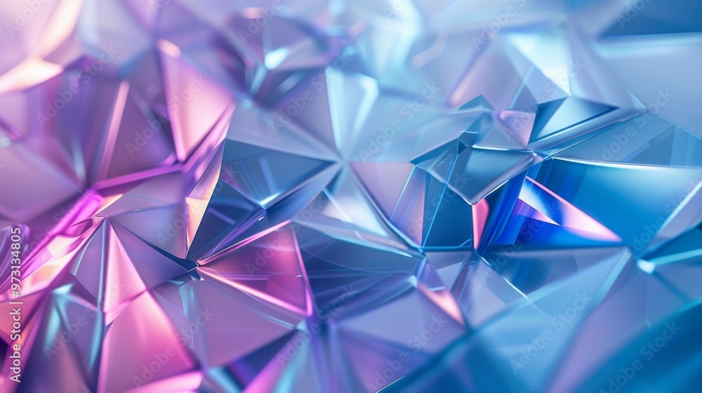 Poster geometric holographic shapes creating a dynamic, abstract pattern with a gradient of blues and purpl