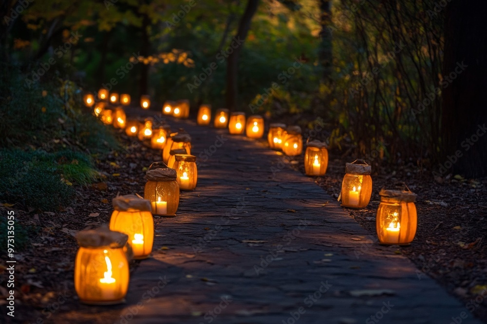 Poster a pathway lined with illuminated lanterns in a dark forest