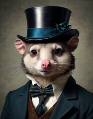 A dapper opossum dressed in a tuxedo and top hat poses elegantly against a dark background with sophisticated flair