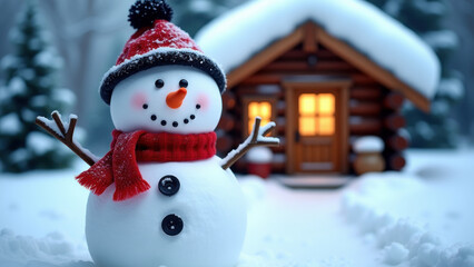 Snowman in front of a cozy cabin
