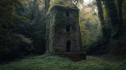 A moss-covered, abandoned stone tower surrounded by dense forest foliage.