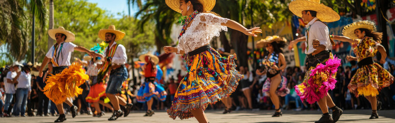 Woman in colorful traditional dress dancing at a latin american street festival