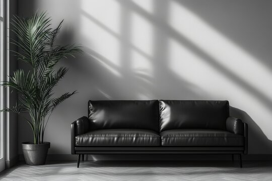 modern elegant home decor idea with monochrome concept featuring a sleek black leather couch in a minimalist living room