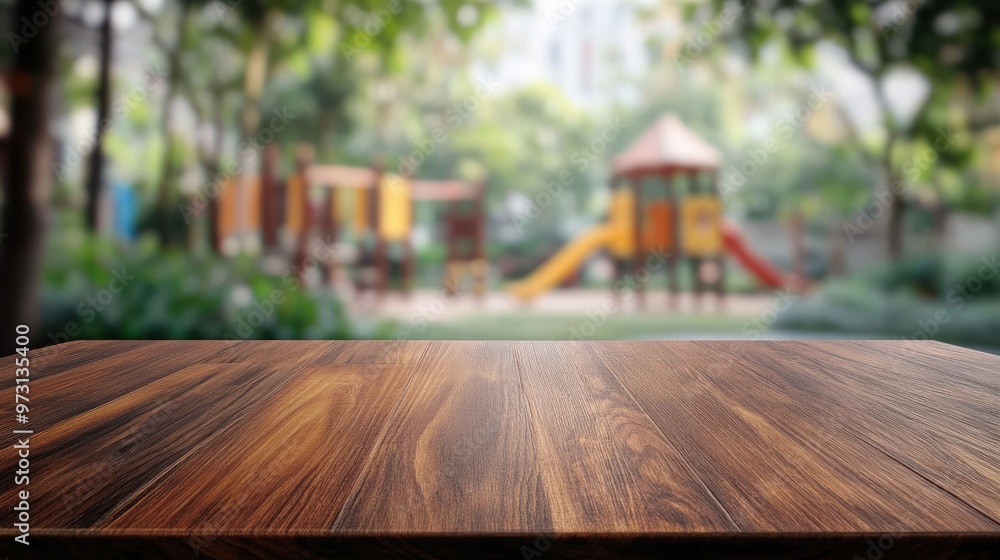 Poster a wooden table in the foreground with a blurred playground in the background.