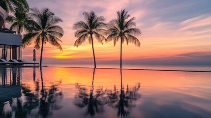 Obraz premium Serene sunset over an infinity pool with palm trees reflecting in the water.