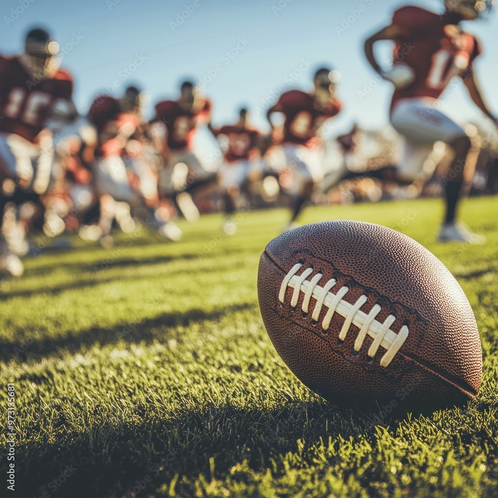 Poster a football on the field with players in action during a game.