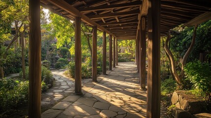 Serene garden pathway with wooden structure and lush greenery.