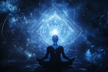 Silhouette of a person meditating peacefully amid a cosmic backdrop filled with vibrant energy and symbolic patterns