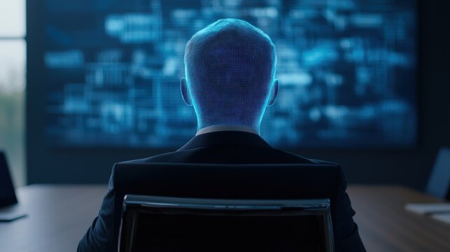 AI-powered business assistant displayed as a hologram in front of a CEO, virtual boardroom, photo-realistic.