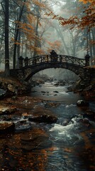 A stone bridge arches over a flowing stream in a misty forest, autumn leaves on the ground and in the trees.