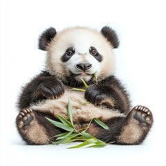 Naklejka premium A cute baby panda sits on a white background and eats bamboo.