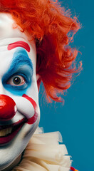 Creepy clown smiling and staring intently into the camera on a blue background. Blank space for text. Creepy clown concept.