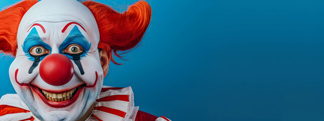 Fototapeta premium Creepy clown smiling and staring intently into the camera on a blue background. Blank space for text. Creepy clown concept.