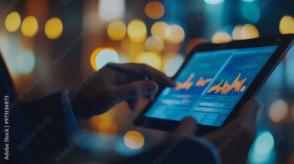 Poster person analyzing financial data on a tablet device with a stylus in a nighttime setting