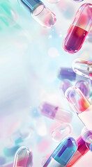 Background with numerous transparent capsules. Banner with space for text. Pharmacception concept.