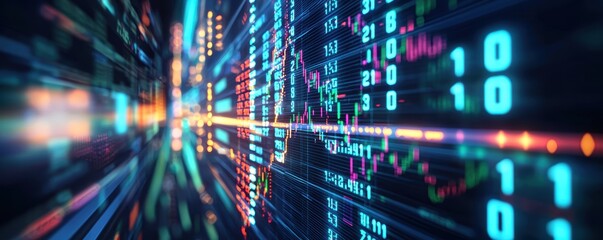 Fototapeta premium Futuristic stock market with digital glowing numbers, cyberpunk-style market screens, neon-lit setting, 3D illustration.