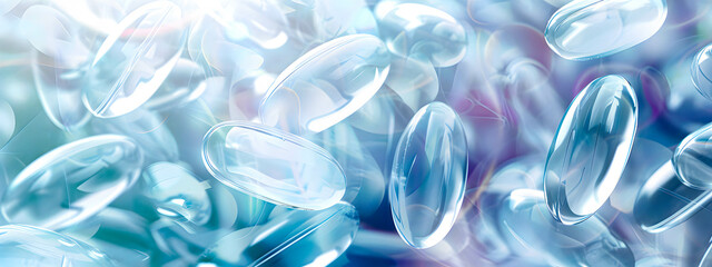 Background with numerous transparent capsules. Banner with space for text. Pharmacception concept.