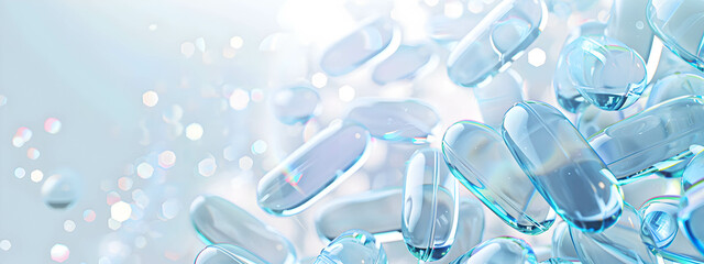 Background with numerous transparent capsules. Banner with space for text. Pharmacception concept.