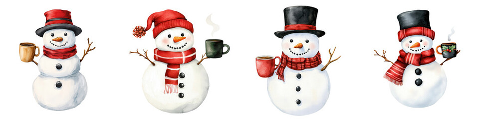 Fun and festive snowmen in winter attire, perfect for holiday decorations and seasonal greetings.