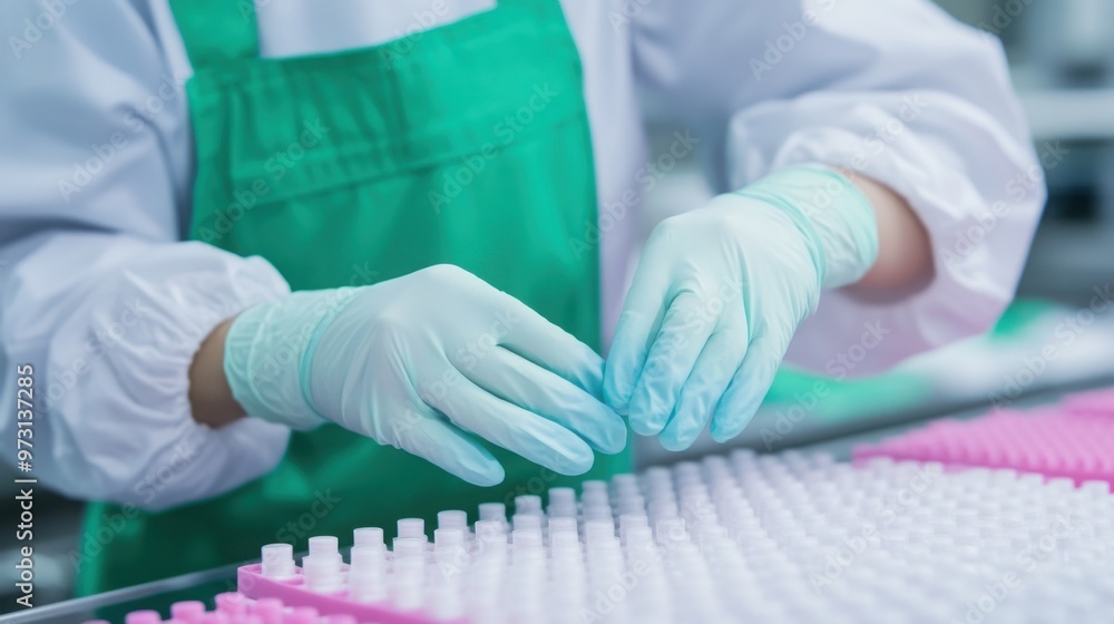 Aufkleber worker using gloves to handle delicate products during quality control checks, safety handling, frag