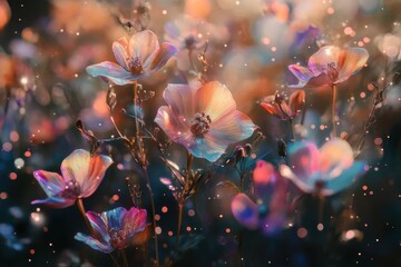 Iridescent Flowers with Sparkling Lights in a Dreamlike Setting