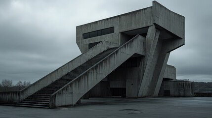 Fototapeta premium A stark, modernist concrete structure with angular design and prominent staircases.